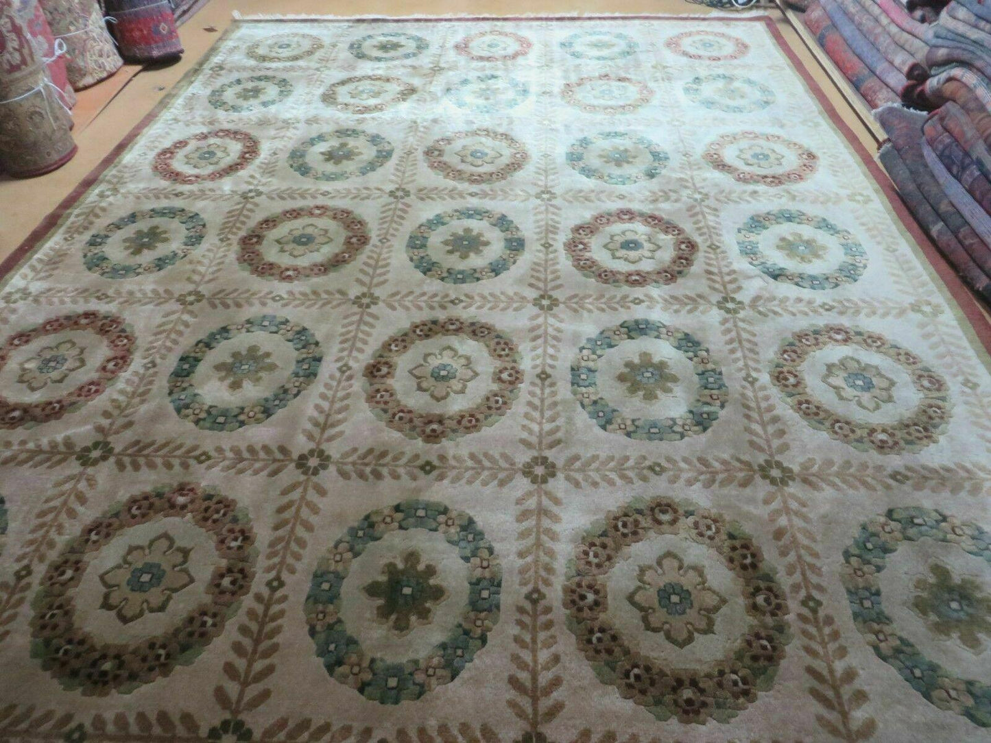 9' X 12' Modern Handmade Indo Lahore Wool Rug Art Deco Olive Ivory Nice Wow - Nuvé