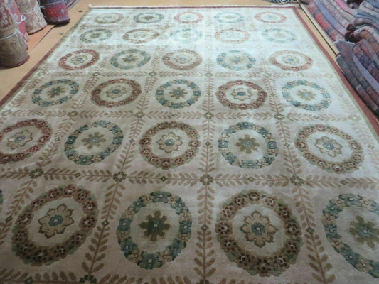 9' X 12' Modern Handmade Indo Lahore Wool Rug Art Deco Olive Ivory Nice Wow - Nuvé