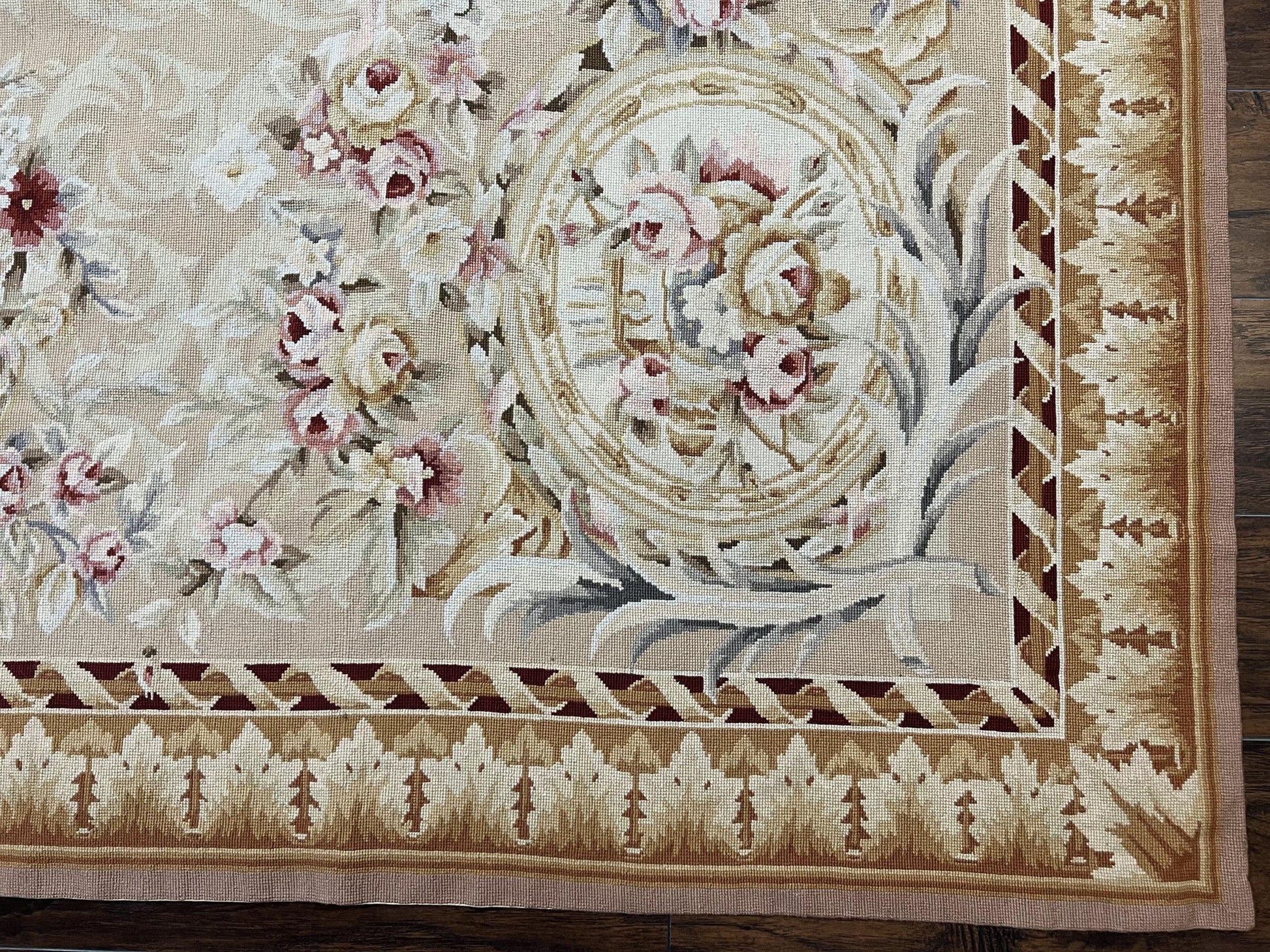 Aubusson Rug 9x12, Elegant Savonnerie Carpet 9 x 12 ft, Beige Ivory Tan, Floral, Flatweave Wool Handmade Area Rug 9 x 12 ft, European French - Nuvé