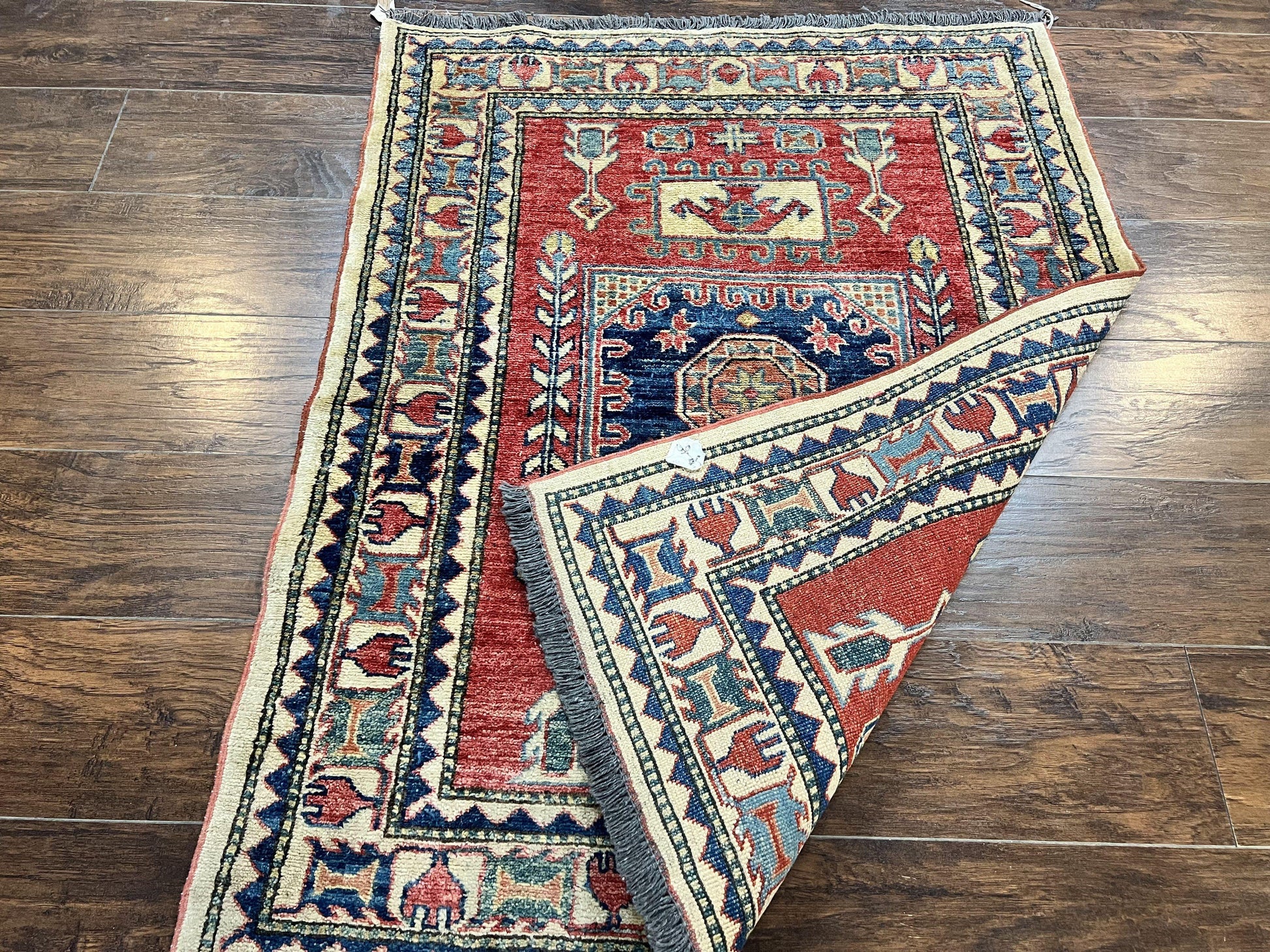 Turkish Kazak Rug 3x4, Wool Hand Knotted Small Vintage Carpet, Red Navy Blue, 3 x 4 Oriental Rug, Geometric Design - Nuvé