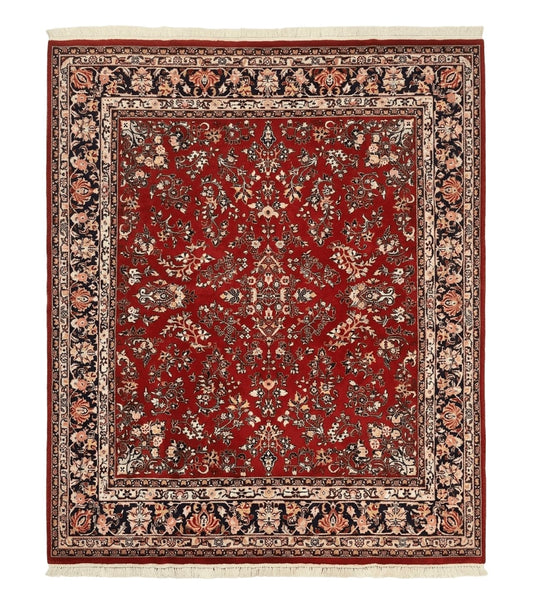 Indo Persian Sarouk Rug 8x10, Red, Floral Allover, Handmade Vintage Wool Carpet, Traditional Rug