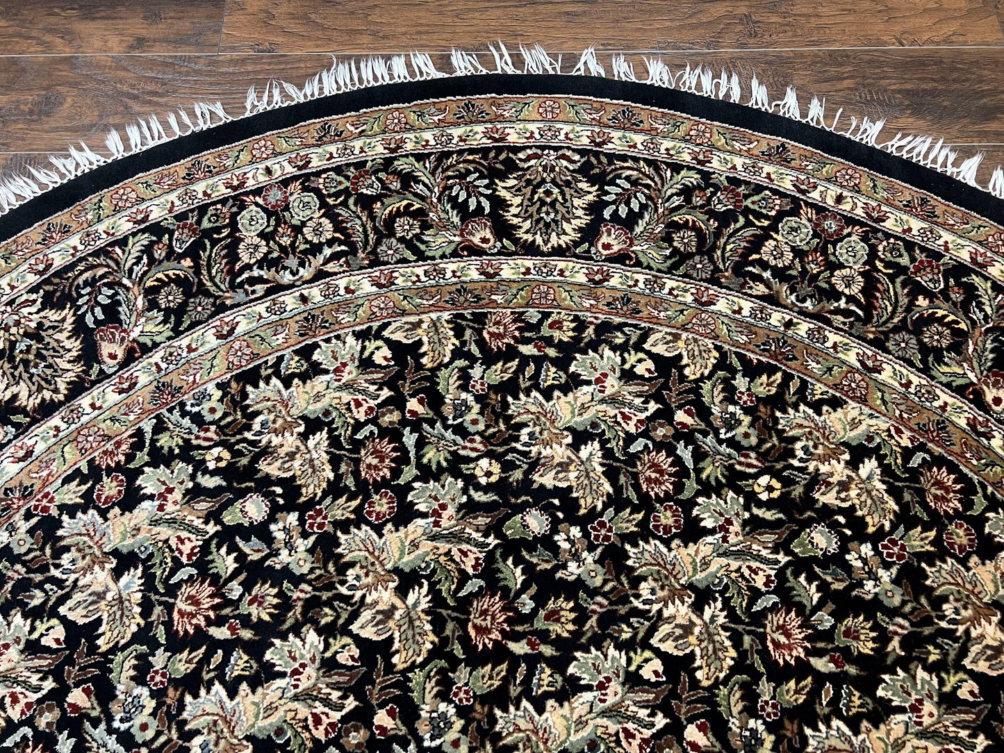 Round Oriental Rug 8x8 ft, William Morris Floral Pattern Carpet, 8 x 8 ft Round Rug, Black Cream and Tan 8ft Round Handmade Indo Persian Rug - Nuvé