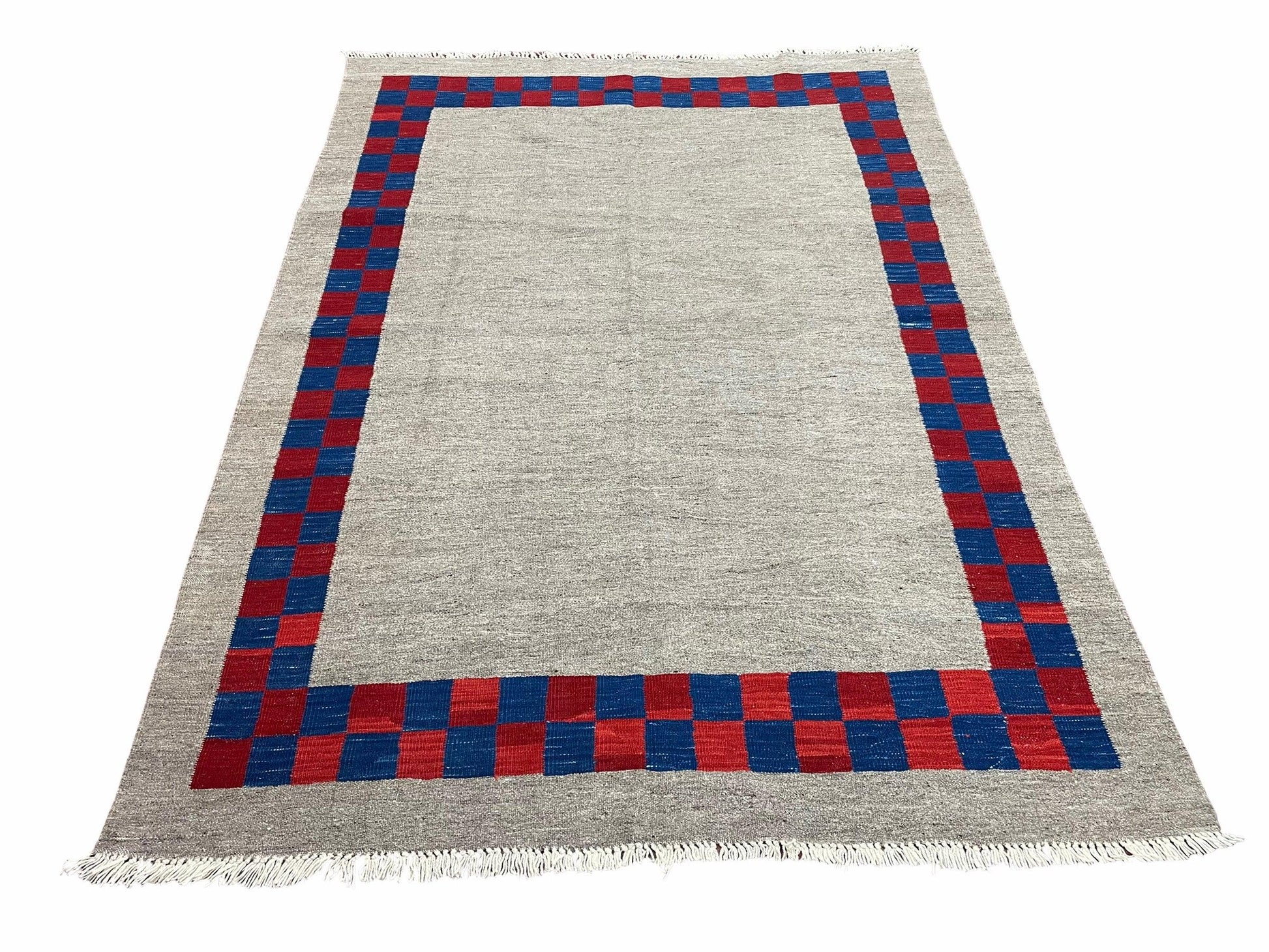 5' 7" x 7' 9" Geometric Kilim Carpet, Gray, Handmade, Hand-Knotted Area Rug, Blue & Red, Flatweave, Wool, New, Checkerboard Pattern - Nuvé