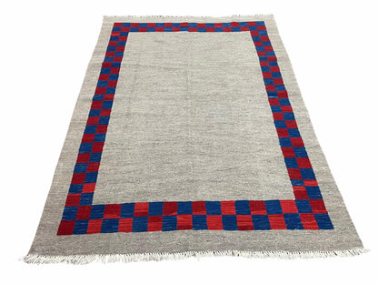 5' 7" x 7' 9" Geometric Kilim Carpet, Gray, Handmade, Hand-Knotted Area Rug, Blue & Red, Flatweave, Wool, New, Checkerboard Pattern - Nuvé