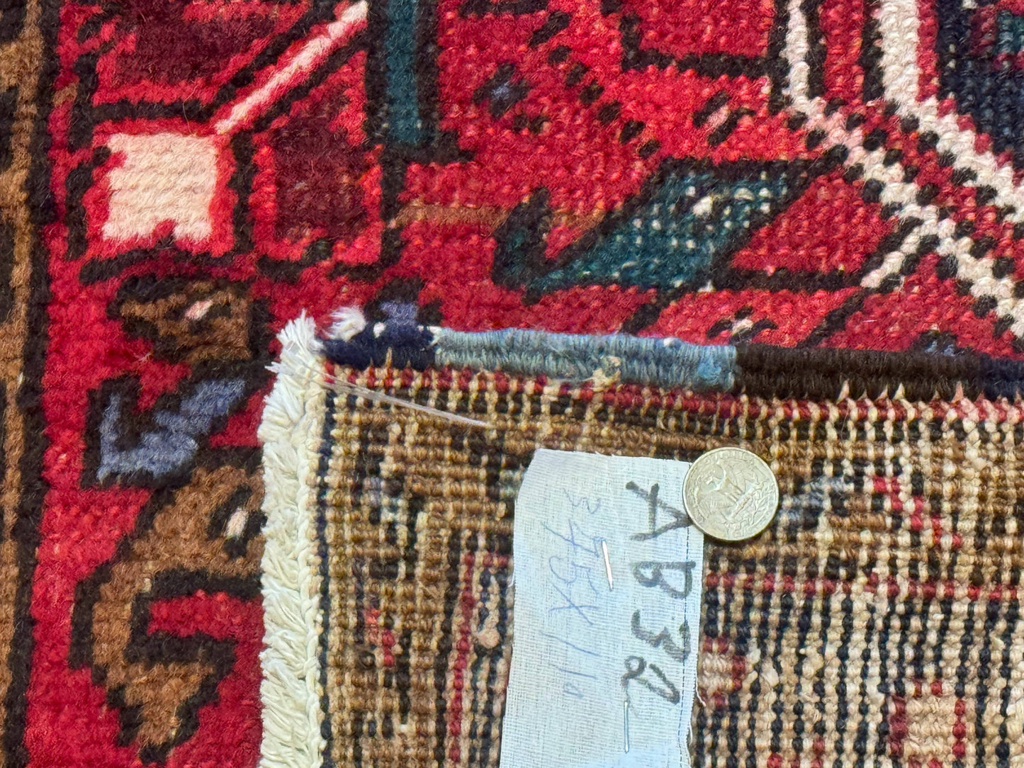 Persian Heriz Karajeh Runner Rug 3.7 x 12, Geometric Medallions, Red and Navy Blue - Nuvé