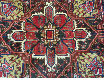 Wonderful Persian Heriz Rug 8.6 x 11, Geometric Heriz Carpet, Semi Antique Decorative Area Rug, Red Ivory Dark Blue Handmade Wool Room Sized - Nuvé