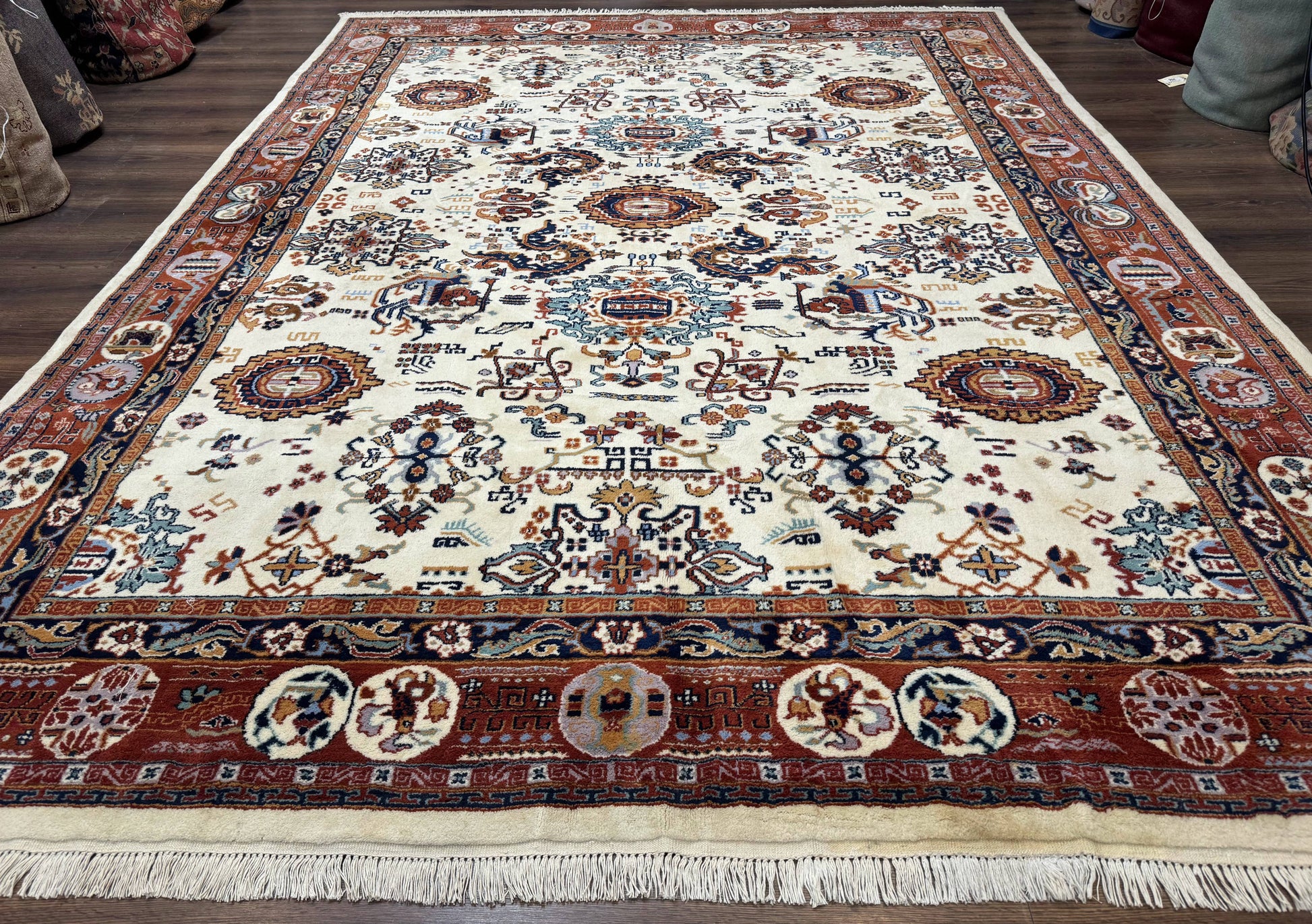 Indo Chinese Wool Rug 9x12, Ivory and Rust Red, Dragon Motifs - Nuvé