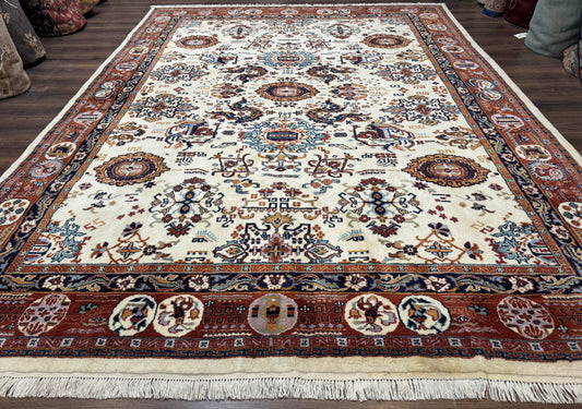 Indo Chinese Wool Rug 9x12, Ivory and Rust Red, Dragon Motifs - Nuvé