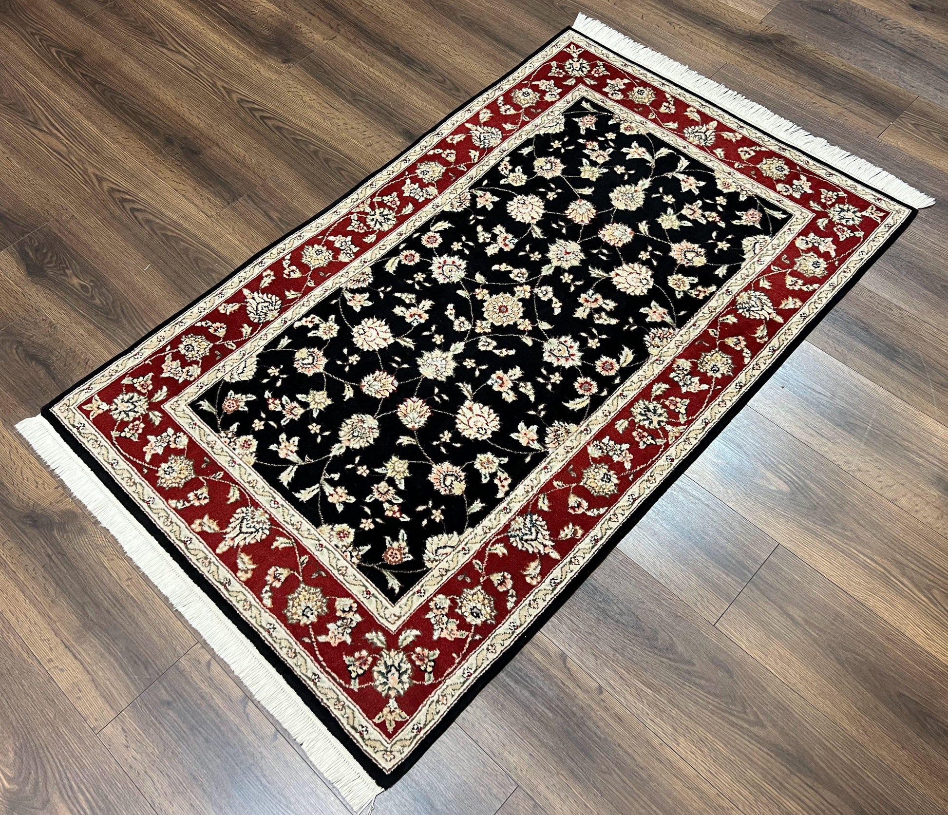 Pak Persian Rug 3x5, Black and Red, Floral Allover, Vintage Hand Knotted Wool Oriental Carpet, Pakistani Rug, Small Handmade Area Rug 3 x 5 - Nuvé