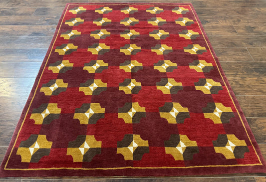 Modern Tibetan Rug 5 x 6.8, Wool, Red, Allover Pattern, Nepali Rug, Abstract Rug, Handmade Area Rug - Nuvé