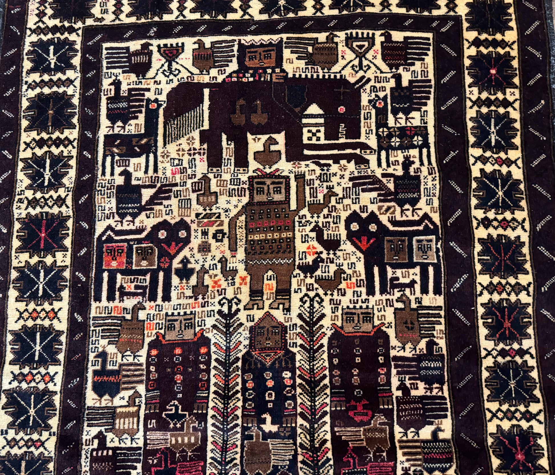 Persian Baluch Tribal Rug 4x6, Human and Bird Pictorials, Vintage, Wool, Collectible - Nuvé