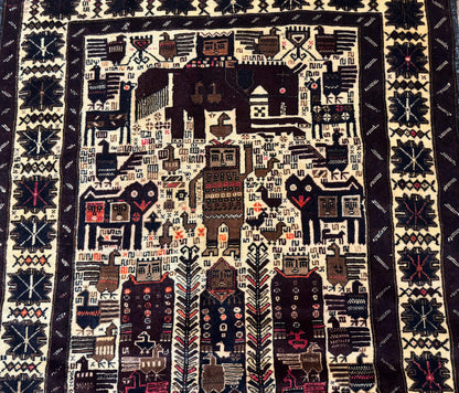 Persian Baluch Tribal Rug 4x6, Human and Bird Pictorials, Vintage, Wool, Collectible - Nuvé