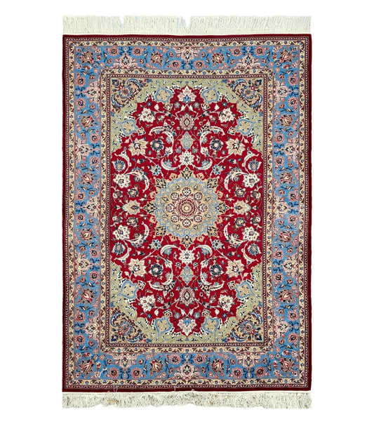 Semi Antique Persian Isfahan Rug, Kork Wool on Silk Foundation, Red & Blue, Top Quality, 3'6" x 5' 6"