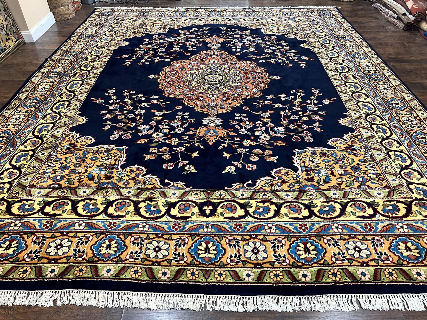 Indo Persian Rug 12x15, Mahal Sarouk Rug 12 x 15, Wool Hand Knotted Vintage Carpet, Navy Blue, Oversized Rug, Center Medallion - Nuvé
