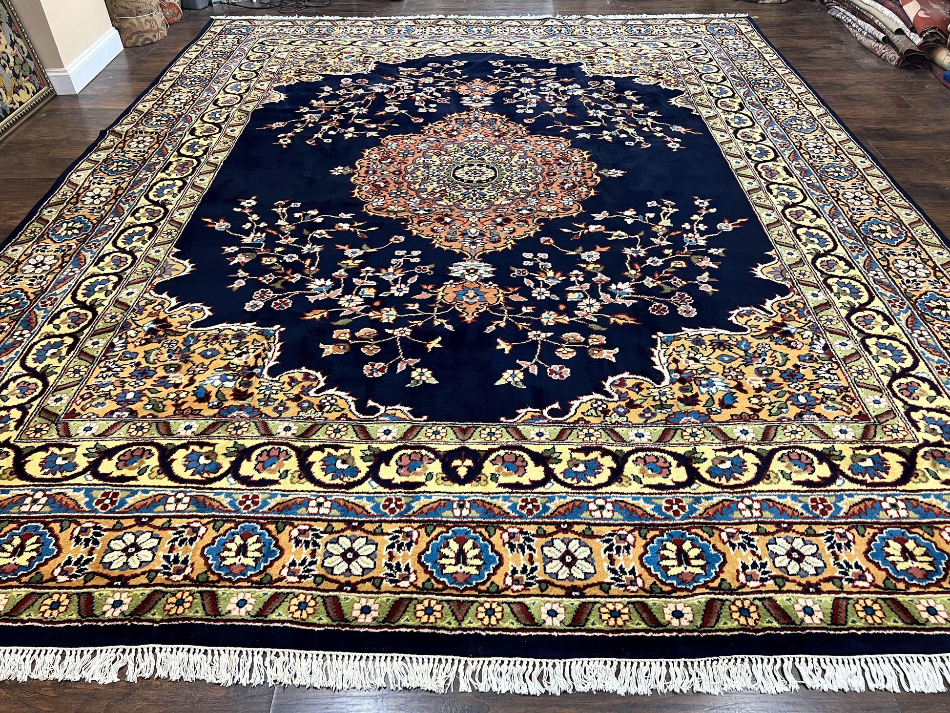 Indo Persian Rug 12x15, Mahal Sarouk Rug 12 x 15, Wool Hand Knotted Vintage Carpet, Navy Blue, Oversized Rug, Center Medallion - Nuvé