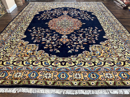 Indo Persian Rug 12x15, Mahal Sarouk Rug 12 x 15, Wool Hand Knotted Vintage Carpet, Navy Blue, Oversized Rug, Center Medallion - Nuvé