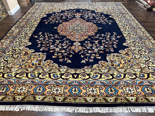 Indo Persian Rug 12x15, Mahal Sarouk Rug 12 x 15, Wool Hand Knotted Vintage Carpet, Navy Blue, Oversized Rug, Center Medallion - Nuvé