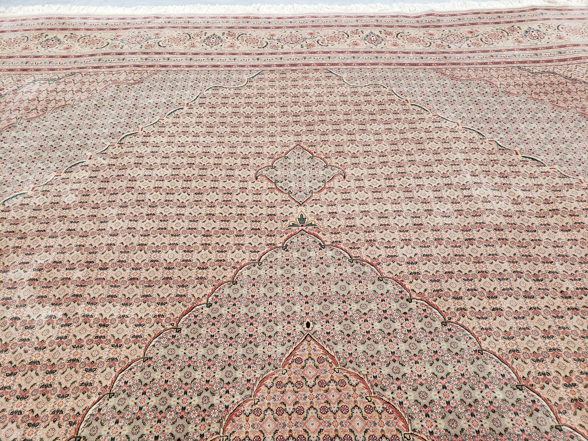 Stunning Oversized Sino Persian Oriental Rug 12x15, Hand Knotted Wool & Silk Palace Sized Carpet, Mahi Pattern, Very Fine, Peach Beige, Wow - Nuvé