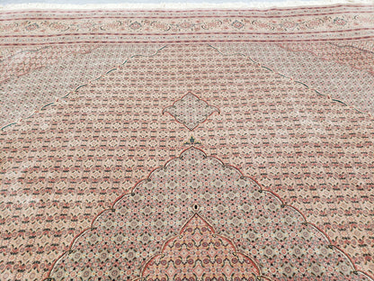 Stunning Oversized Sino Persian Oriental Rug 12x15, Hand Knotted Wool & Silk Palace Sized Carpet, Mahi Pattern, Very Fine, Peach Beige, Wow - Nuvé