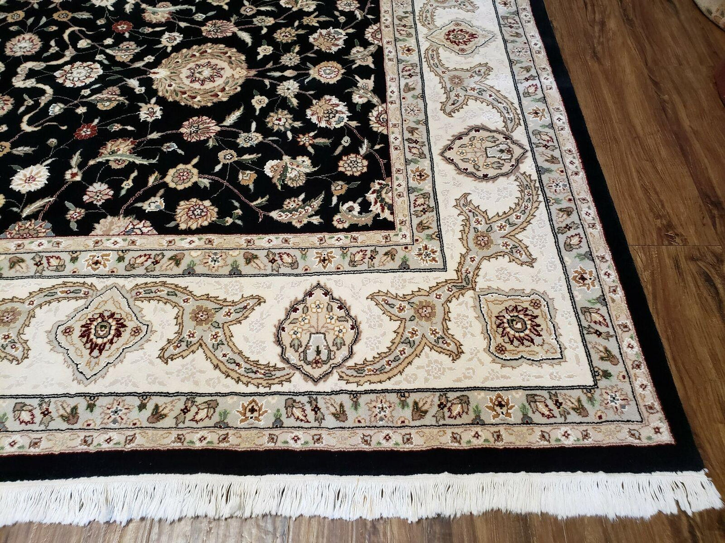 8' 5" X 11' 6" Vintage Handmade Oriental Floral Wool Rug Silk Accent Black Nice - Nuvé