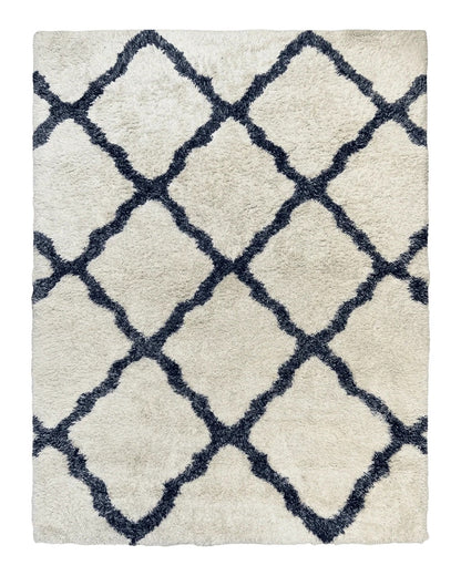 Modern Shag Rug 9x12, Ivory and Dark Blue, Diamond Pattern, Soft, Room Sized, Contemporary Rug, Plush