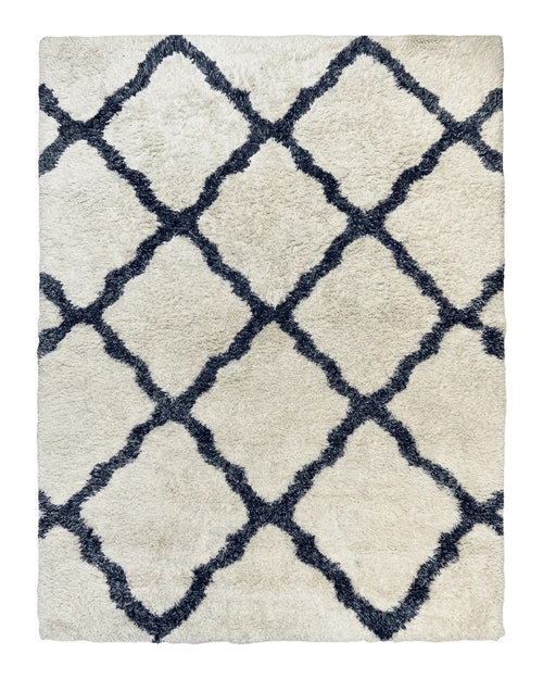 Modern Shag Rug 9x12, Ivory and Dark Blue, Diamond Pattern, Soft, Room Sized, Contemporary Rug, Plush