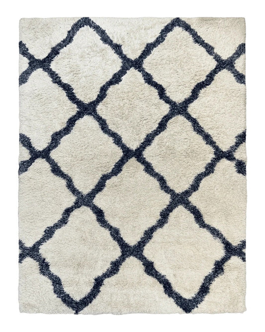 Modern Shag Rug 9x12, Ivory and Dark Blue, Diamond Pattern, Soft, Room Sized, Contemporary Rug, Plush