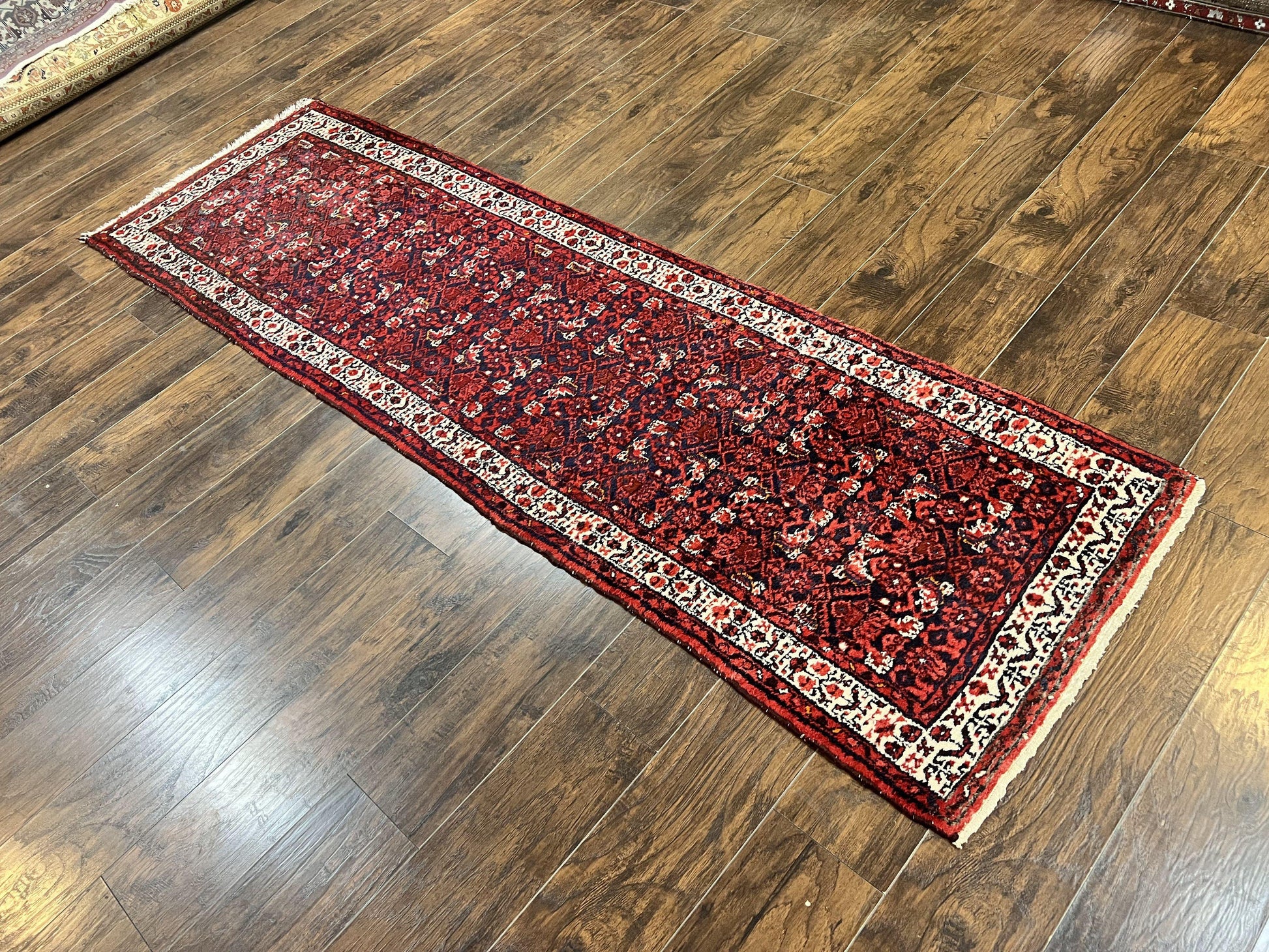 Persian Tribal Runner 3 x 9, Hamadan Dargazin Rug, Dark Blue and Red Wool Hand Knotted Hallway Rug, Vintage Antique Oriental Runner, 9ft Long Runner, Herati - Nuvé