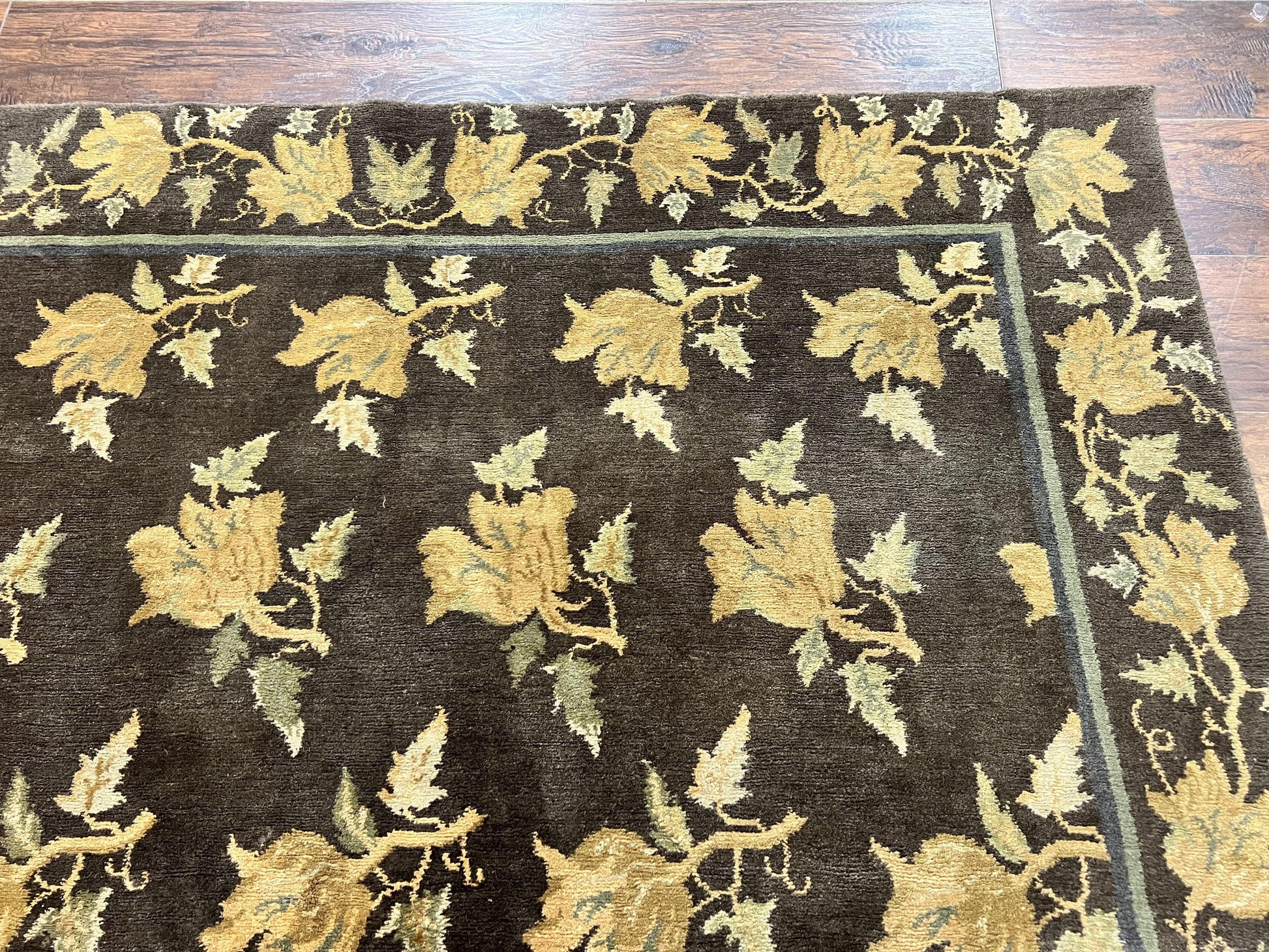 Tibetan Nepal Rug 6x9, Wool Hand Knotted Vintage Carpet 6 x 9, Dark Green & Golden Yellow, Floral Bouquets - Nuvé