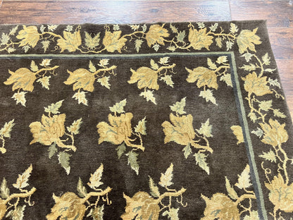 Tibetan Nepal Rug 6x9, Wool Hand Knotted Vintage Carpet 6 x 9, Dark Green & Golden Yellow, Floral Bouquets - Nuvé