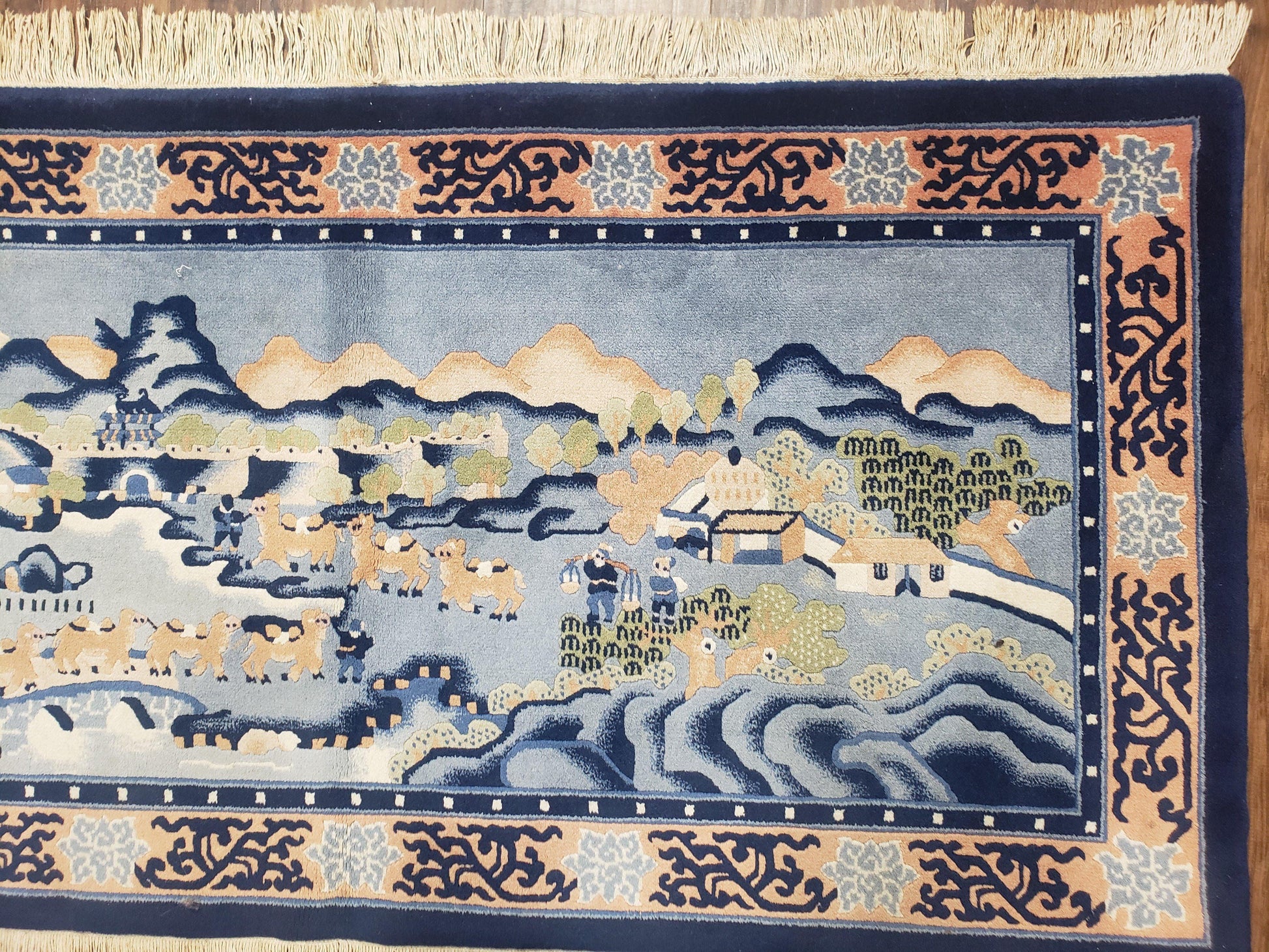 Vintage Chinese Pictorial Rug 2'4" x 4' 7", Chinese Village, Wool Hand-Knotted Blue & Teal Fine Carpet, Tapestry Rug, Woven Wall Art - Nuvé