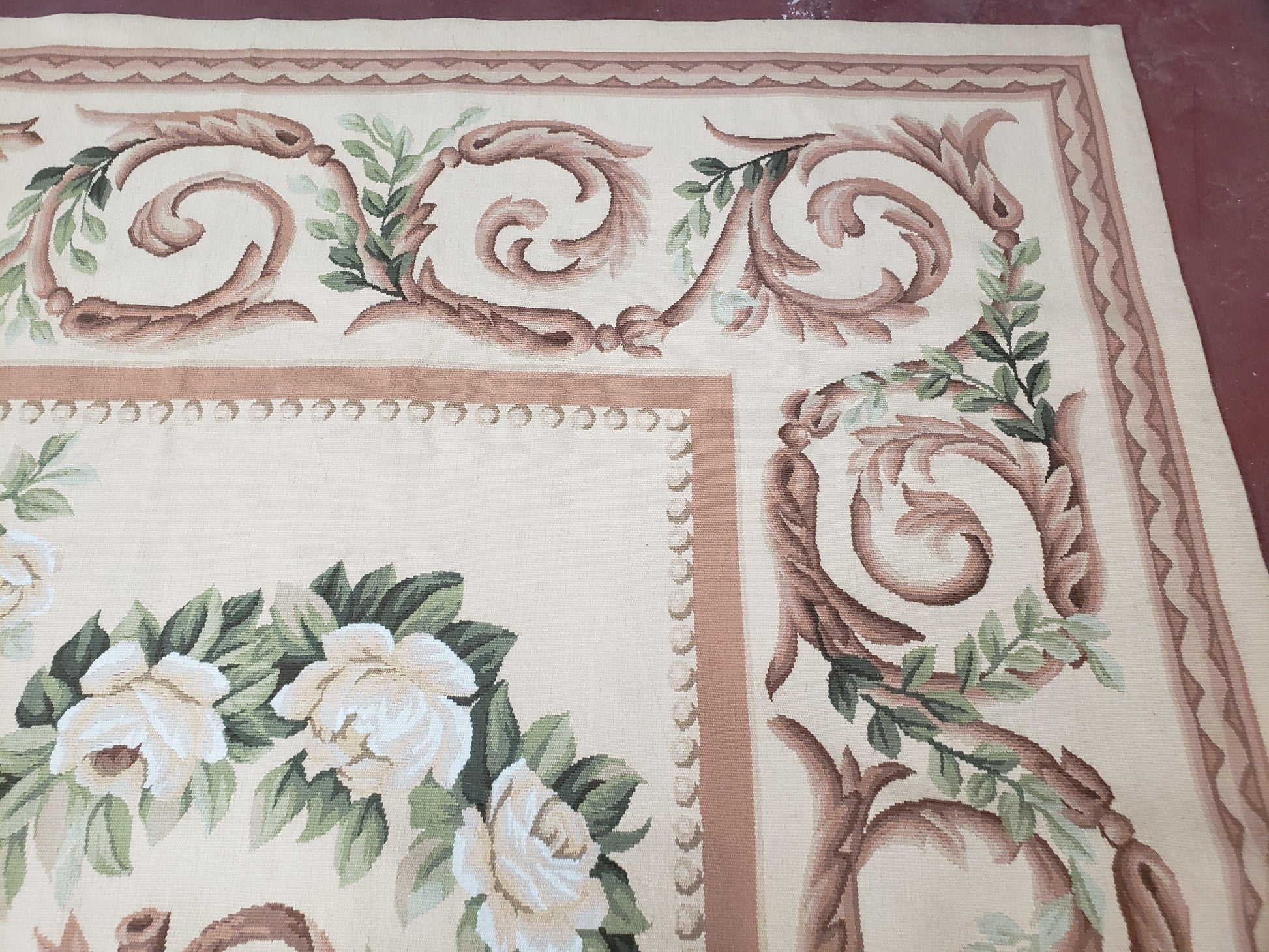 Elegant Aubusson Rug 10 x 14, Cream and Ivory Simple Aubusson Floral Carpet, Hand-Woven, European, New Aubusson Rug, Wool Area Rug, Violins - Nuvé