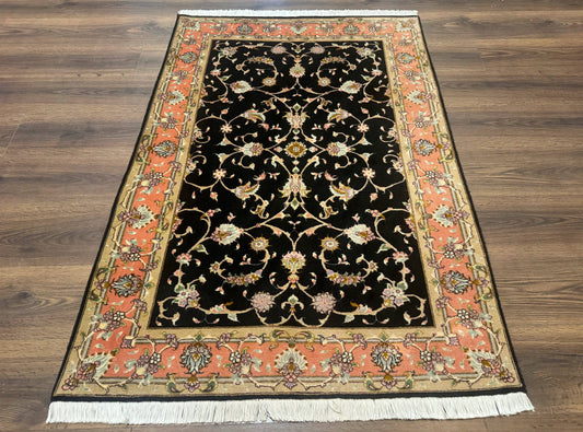 Persian Tabriz Rug 3x5 Black and Salmon Floral Fine Handmade 360 KPSI - Nuvé