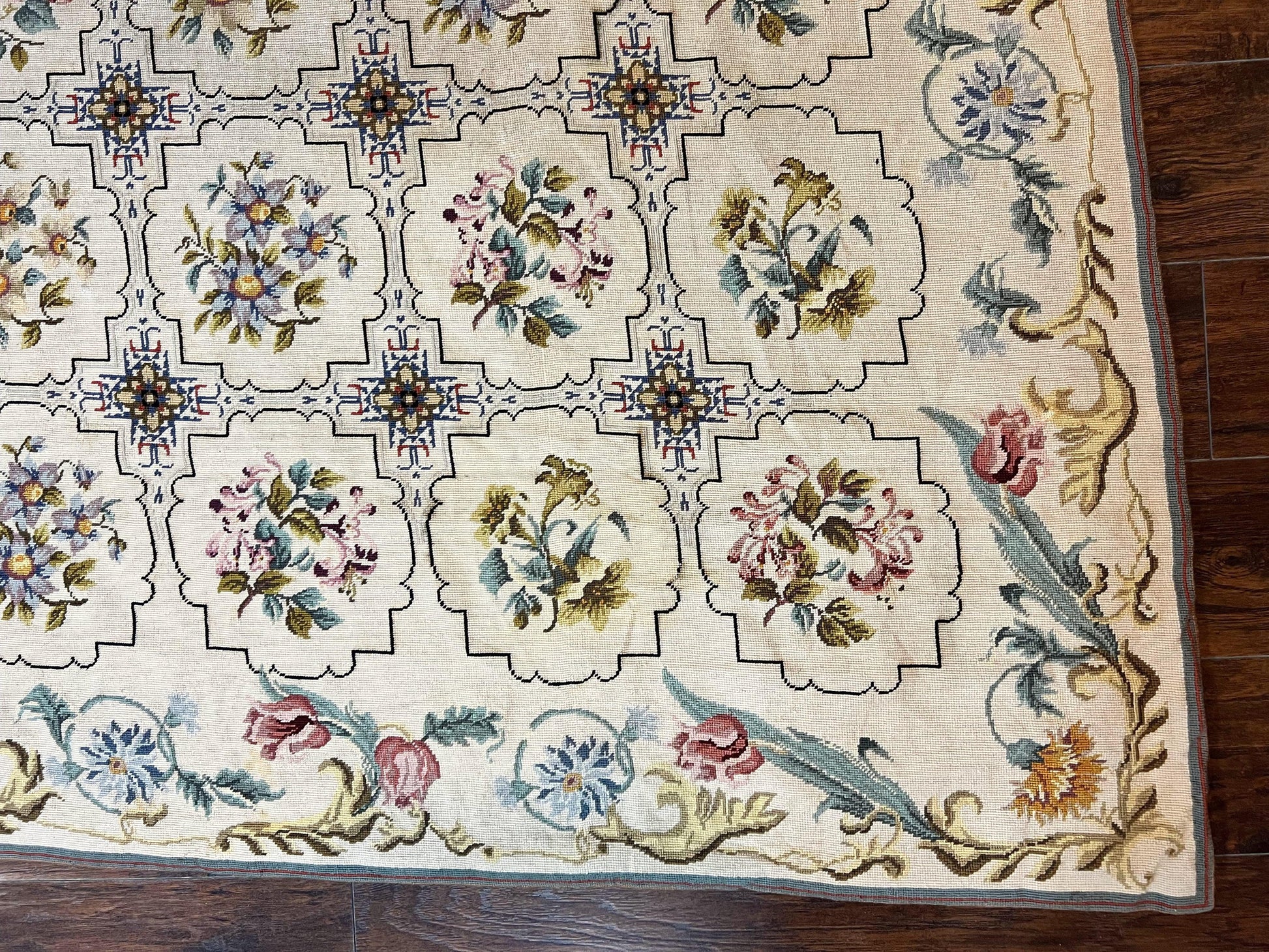 Needlepoint Rug 10x14, Wool Handmade Vintage Needlepoint Carpet, Floral Panel Design, Ivory/Cream - Nuvé