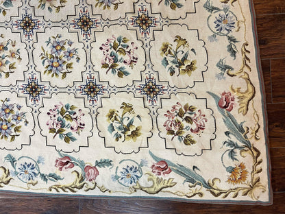 Needlepoint Rug 10x14, Wool Handmade Vintage Needlepoint Carpet, Floral Panel Design, Ivory/Cream - Nuvé