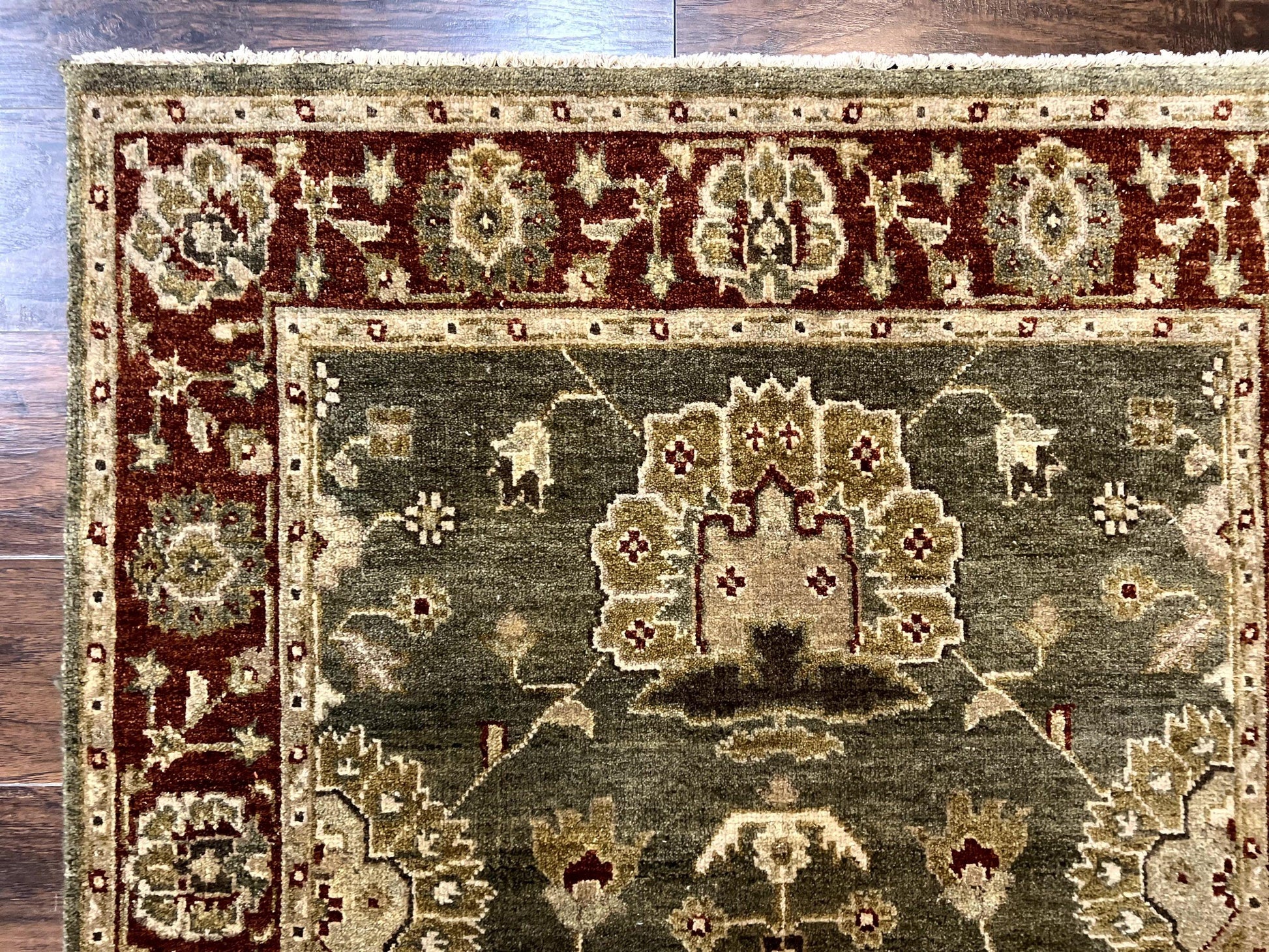Indo Oushak Rug 4x6, Green and Maroon, Vintage Wool Floral Rug, Indian Agra Rug - Nuvé