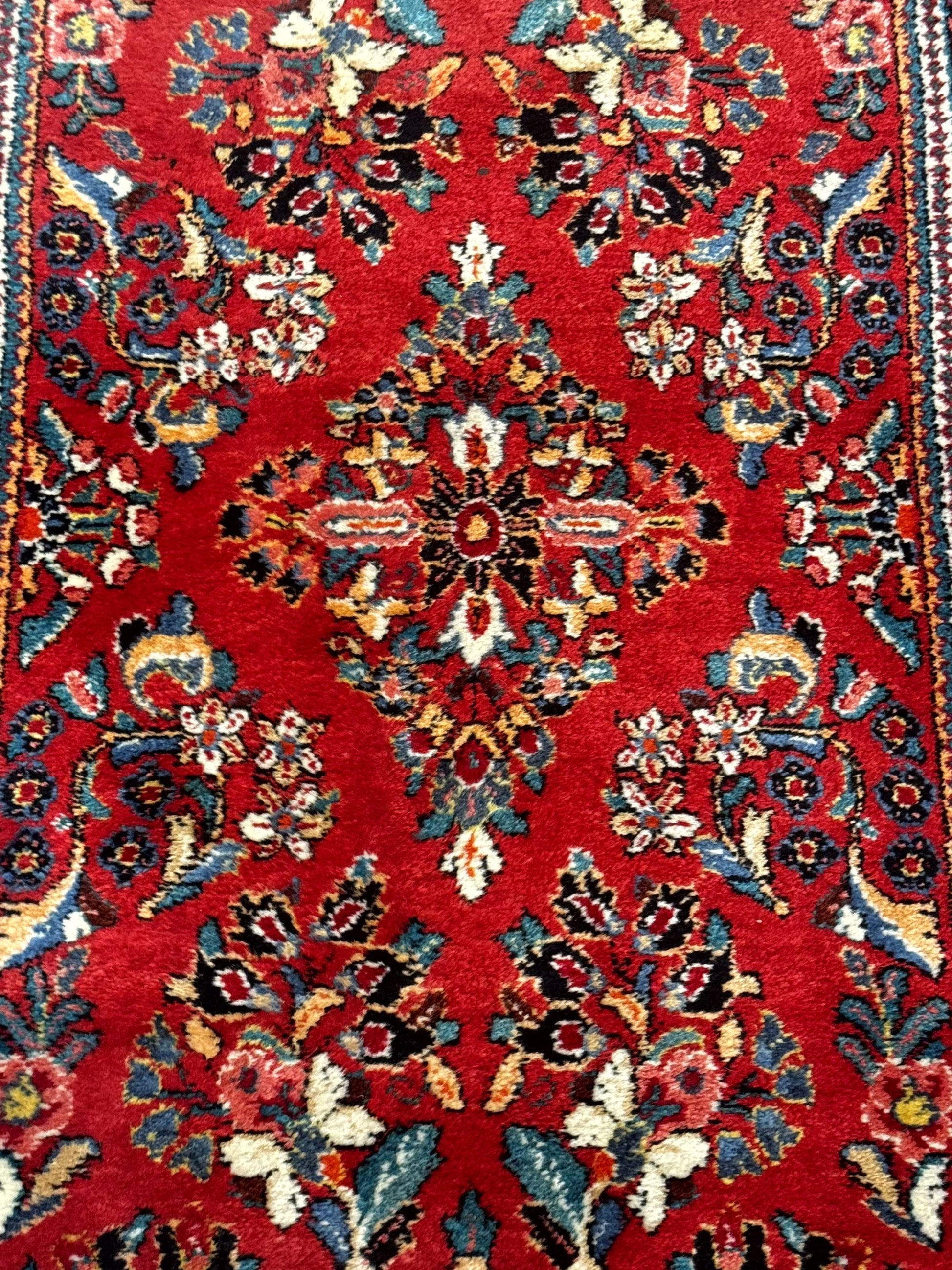 Persian Sarouk Runner Rug 3x12, Red Floral 3 x 12ft Runner, Vintage, Wool - Nuvé