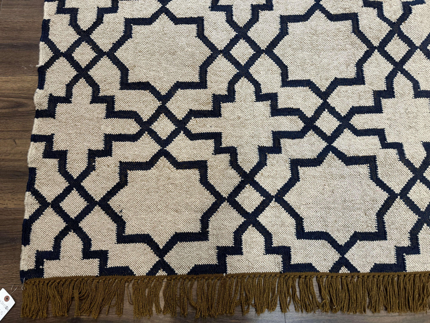 Indian Kilim Rug 8x10, Oat and Navy Blue, Dhurrie Carpet, Handmade, Wool - Nuvé