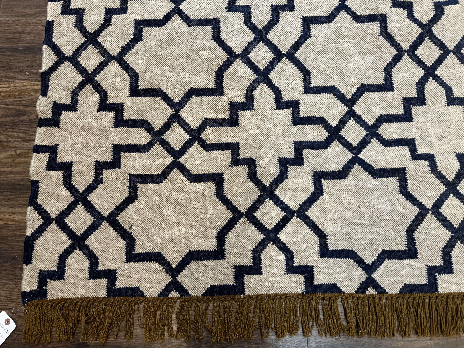 Indian Kilim Rug 8x10, Oat and Navy Blue, Dhurrie Carpet, Handmade, Wool - Nuvé