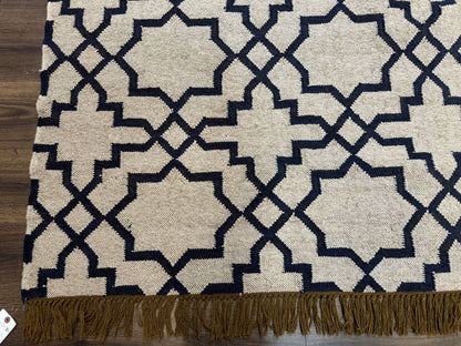 Indian Kilim Rug 8x10, Oat and Navy Blue, Dhurrie Carpet, Handmade, Wool - Nuvé