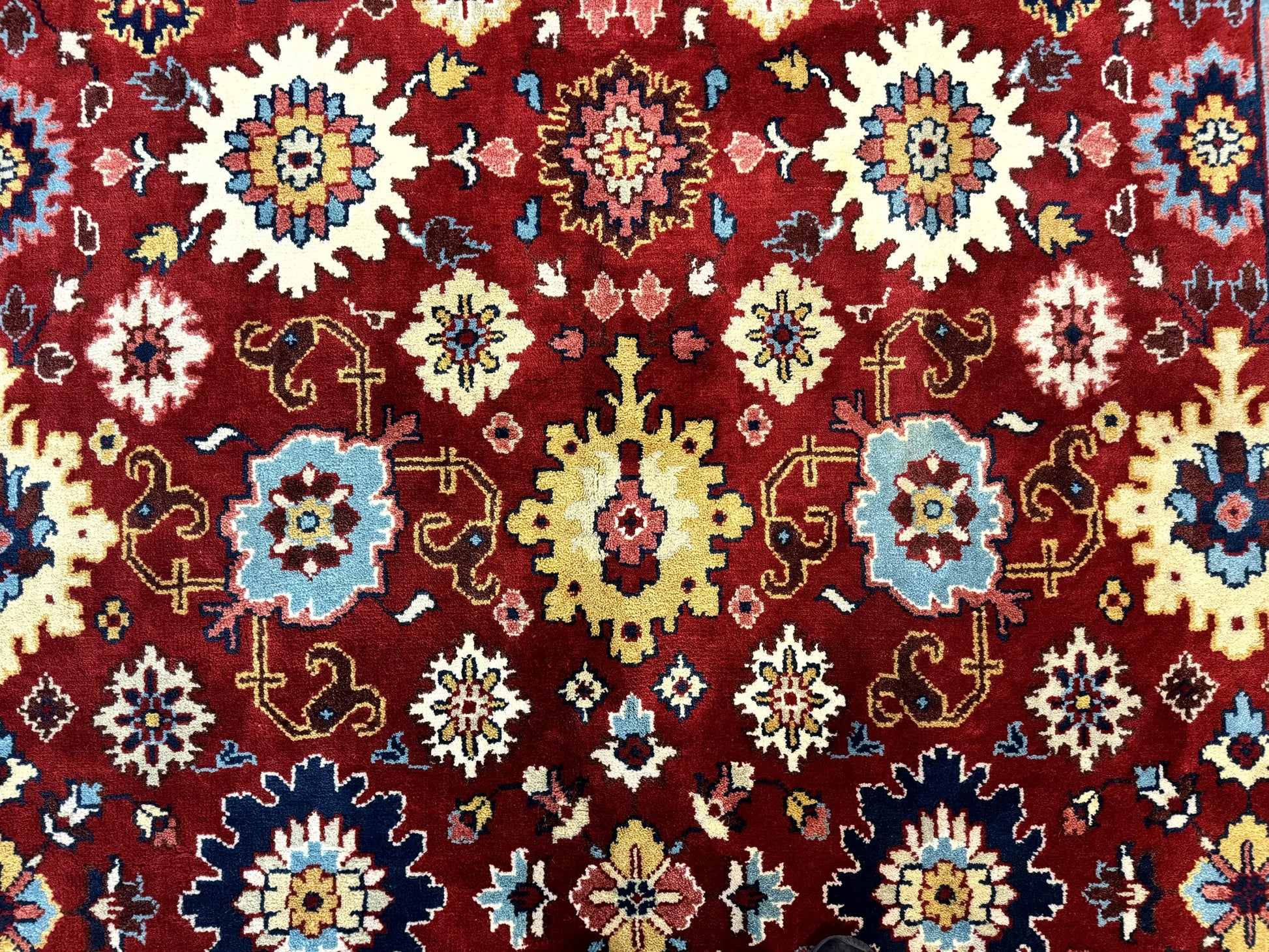 Indo Heriz Rug 8x10, Red and Navy Blue, Allover Pattern, Wool Handmade Carpet - Nuvé