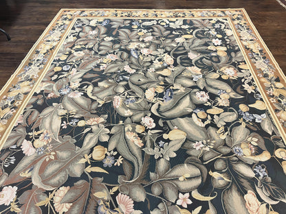 Large Needlepoint Rug 9x13, Handmade Wool Flatweave Vintage Rug, Leaves, Green - Nuvé
