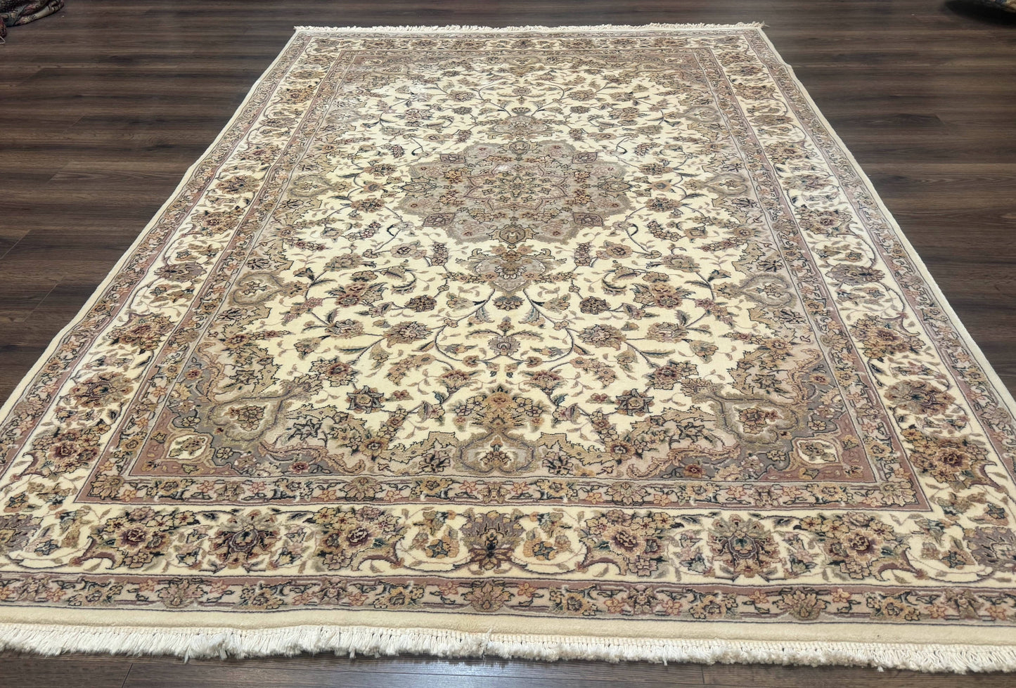 Sino Persian Rug 6x9, Floral Medallion, Ivory & Taupe, Wool with Silk Highlights, Fine 210 KPSI - Nuvé