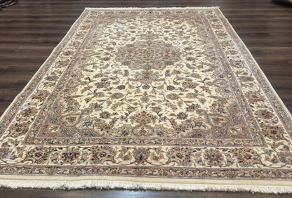Sino Persian Rug 6x9, Floral Medallion, Ivory & Taupe, Wool with Silk Highlights, Fine 210 KPSI - Nuvé