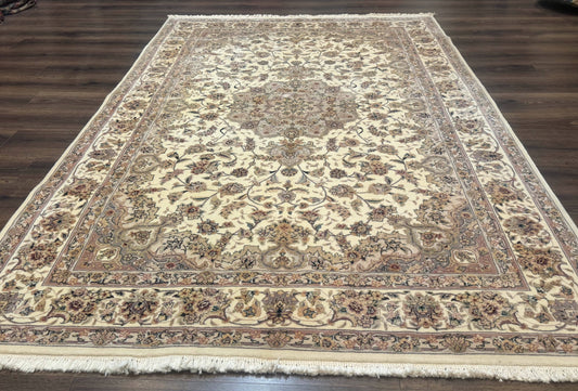 Sino Persian Rug 6x9, Floral Medallion, Ivory & Taupe, Wool with Silk Highlights, Fine 210 KPSI - Nuvé