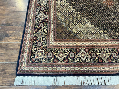 Persian Tabriz Rug 7x10, Very Fine 330 KPSI 50 Raj, Black and Beige, Handmade Wool Vintage Persian Carpet - Nuvé