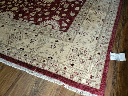 Pakistani Peshawar Rug 10x14, Handmade Chobi Carpet, Maroon & Beige - Nuvé