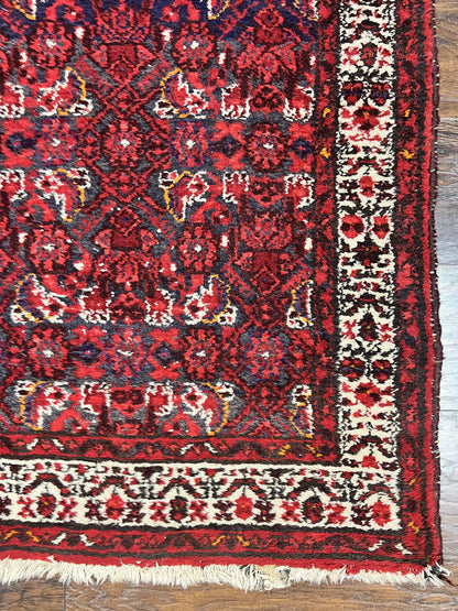 Persian Tribal Runner 3 x 9, Hamadan Dargazin Rug, Dark Blue and Red Wool Hand Knotted Hallway Rug, Vintage Antique Oriental Runner, 9ft Long Runner, Herati - Nuvé