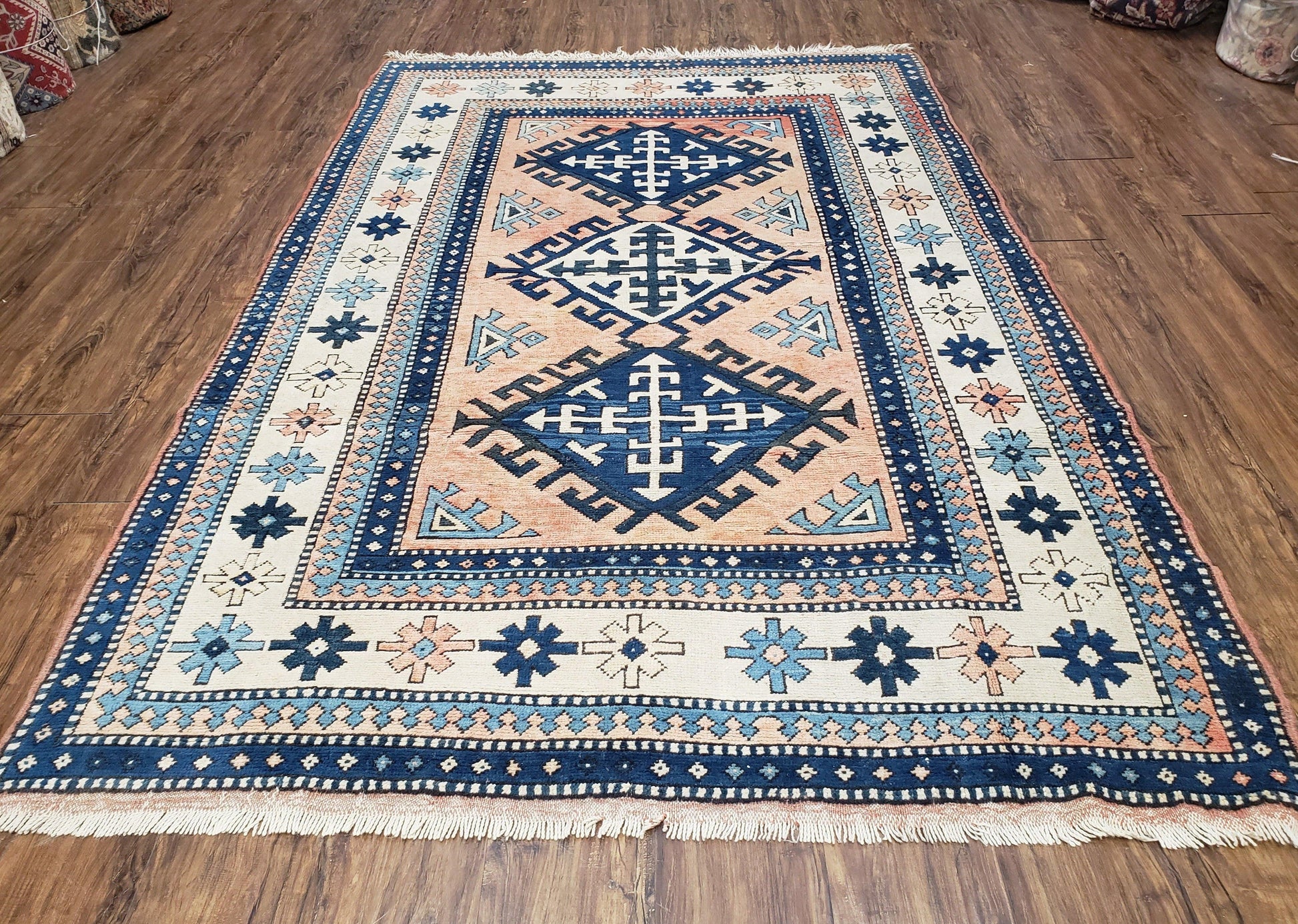 Turkish Kazak Rug 5x8 ft, Bold Geometric Bohemian Carpet, Blue and Ivory Hand Knotted Area Rug, Medium Sized High Quality Wool Oriental Rug - Nuvé