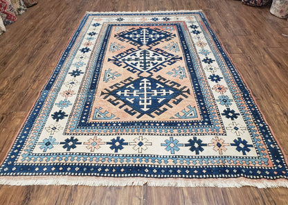 Turkish Kazak Rug 5x8 ft, Bold Geometric Bohemian Carpet, Blue and Ivory Hand Knotted Area Rug, Medium Sized High Quality Wool Oriental Rug - Nuvé